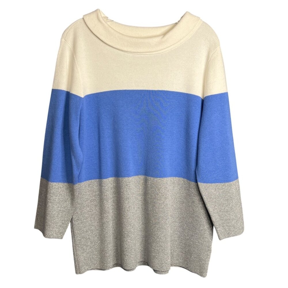 Talbots Large Tunic Boat Neck Sweater Blue, Silver, cream